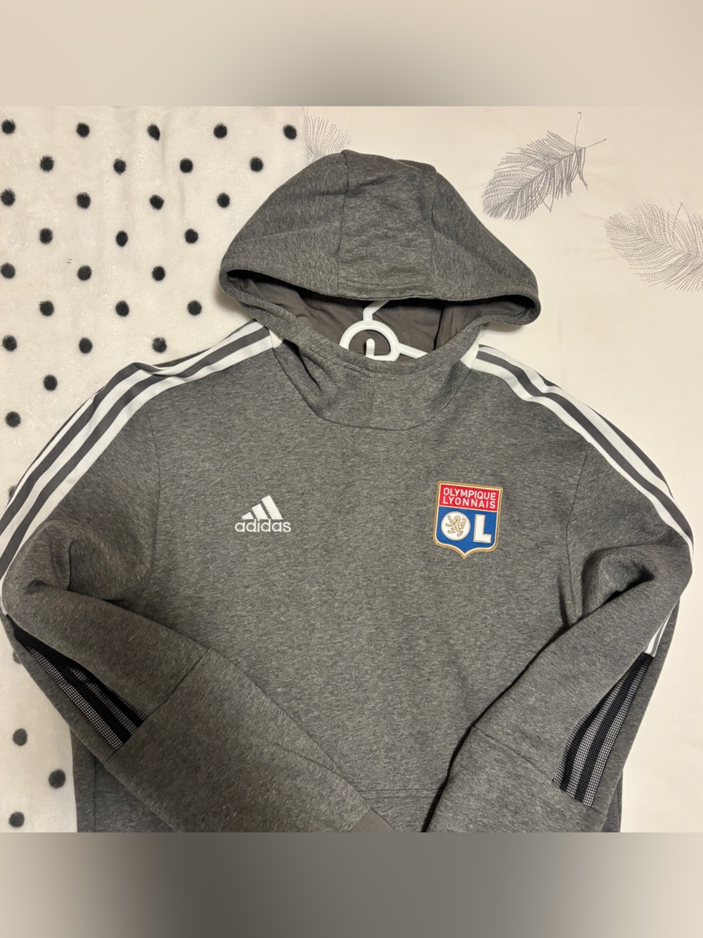 adidas Lyon Olympic Football team Gray Hooded Sweater with Striped Trim